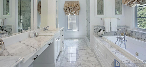 Không gian phòng vệ sinh sáng bóng đẹp mắt với loại đá marble trắng ý